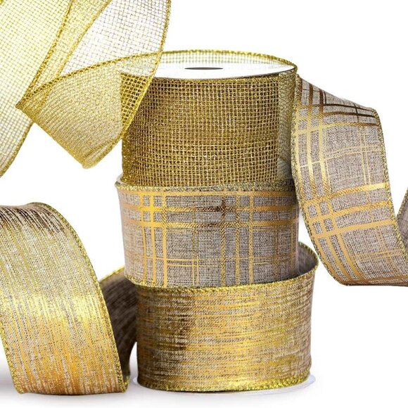 Gold Ribbon Metallic Glitter Wired 2.5 Inch Xmas Ribbons 3 Rolls 18 Yards Burlap - Picture 1 of 5